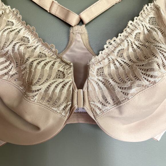 Glamorise Wonderwire Front Closure T Back Bra Cafe Size‎ 34G Nude Tan Cream Lace - Picture 9 of 16
